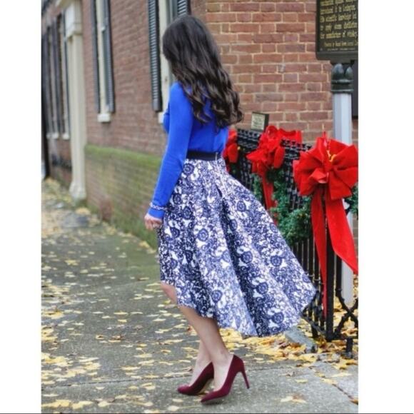 Anthropologie Sachin Babi Vespertine Hi Low Navy Blue Jacquard Skirt 0 - Picture 8 of 11